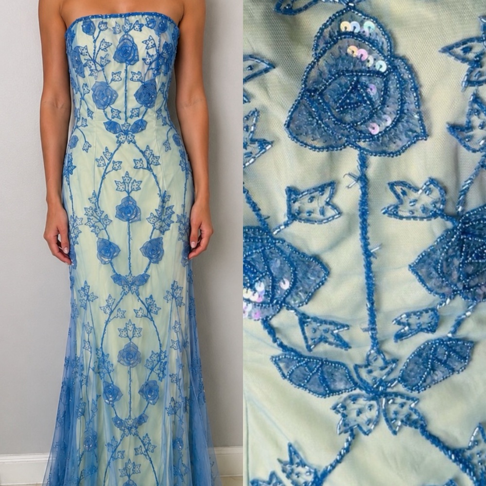 Vintage Y2K Beaded Dress Vintage Beaded Dress Strapless Blue Floral Prom Mesh